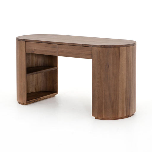 Finished in a rich caramel brown, acacia forms a pill-inspired shape to nod Eighties-era design. Half-cylinder bases feature open interior shelving, with two top pencil drawers to keep supplies handy desk shopkoehndesign calgayr furniture shop amy koehn calgry designer
