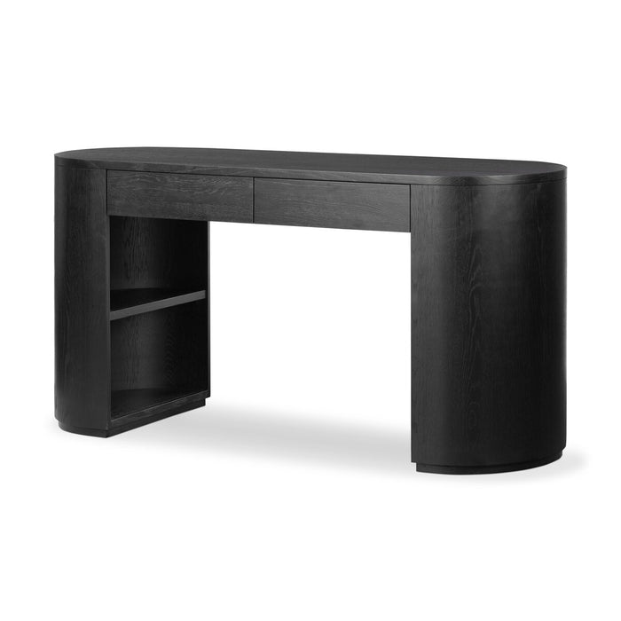 brushed ebony, solid oak veneers form a pill-inspired shape Half-cylinder bases feature open interior shelving, with two top pencil drawers to keep supplies handy with this desk shopkoendesign calary furniture shop amy koehn calgary designer 