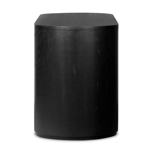 brushed ebony, solid oak veneers form a pill-inspired shape Half-cylinder bases feature open interior shelving, with two top pencil drawers to keep supplies handy with this desk shopkoendesign calary furniture shop amy koehn calgary designer