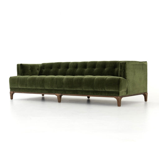 mid century tufted sapphire olive velvet fabric mid century inspired sofa amy koehn calgaryr designer calgary furniture shop