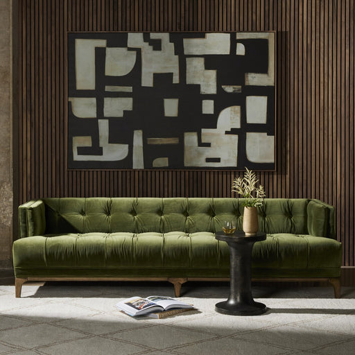 mid century tufted sapphire olive velvet fabric mid century inspired sofa amy koehn calgaryr designer calgary furniture shop