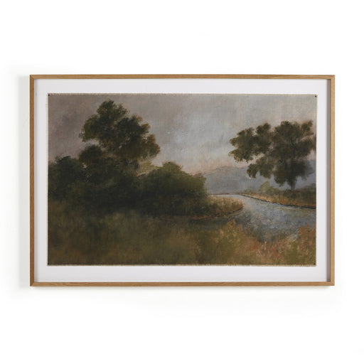 Landscape artwork  Framed Canvas  Atmospheric Landscape  Early Impressionism  Aileen Fitzgerald  Trees and Water artwork  muted colors  peaceful landscape  white oak frame  large artwork  interior design  koehndesign  calgary designer  amy kohen  calgary  yyclifestyle  yycliving  calgary furniture shop  shopkoehndesign