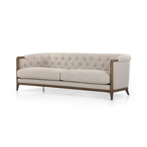 cream linen tradiontal button tufted linen performance fabric wood frame rolled arms parisian cream sofa amy koehn calgary designer calgary furniture shop
