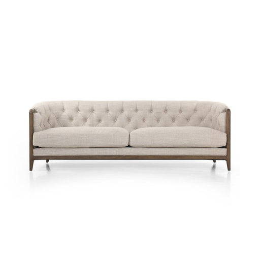 cream linen tradiontal button tufted linen performance fabric wood frame rolled arms parisian cream sofa amy koehn calgary designer calgary furniture shop
