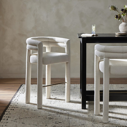tubular shaping fully upholstered boucle performance fabric counter stool shopkoehndesign calgary design furniture shop amy koehn calgary designer