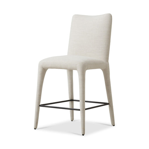 armless fully upholstered fabric with gunmetal footrest natural linen counter stool shopkoehndesgin calgary furniture shop amy koehn calgary designer