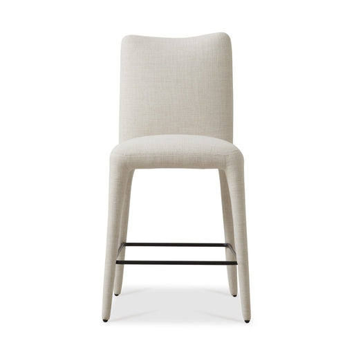 armless fully upholstered fabric with gunmetal footrest natural linen counter stool shopkoehndesgin calgary furniture shop amy koehn calgary designer