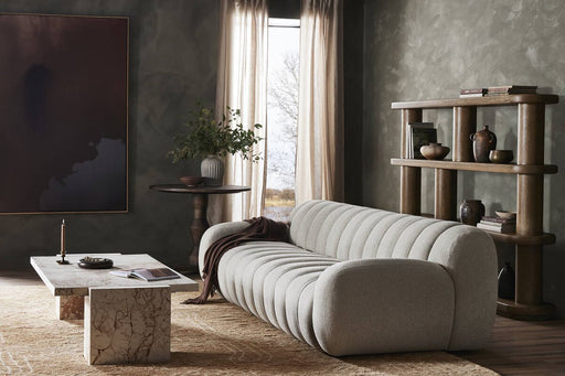 plush sofa wide channeling cream ivory tweed fabric cloud like sofa amy koehn calgary designer calgary furniture shop
