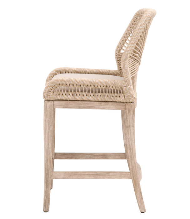 mahogany wood frame with intricate rope weave design and fixed upholstered seat cream linen cushion shopkohendesign interior design calgary online furniture shop amy koehn  