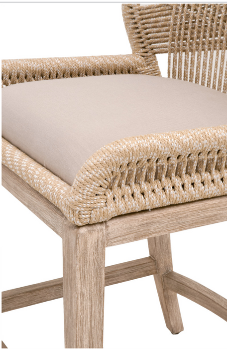 mahogany wood frame with intricate rope weave design and fixed upholstered seat cream linen cushion shopkohendesign interior design calgary online furniture shop amy koehn  