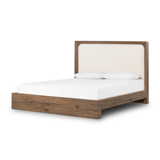 king bed  solid oak  rustic grey oak  ivory  performance fabric  upholstered headboard  calgary  amy kohen  calgary designer  koehndesign  interior design  Modern Design  modern  modern bed  yyclifestyle  yycliving  calgary furniture  calgary furniture shop  shopkoehndesign  canada  furniture  clean lines  online furniture shop  Luxury Furniture  casual comfort  minimalist  wood frame  angled corners  comfort