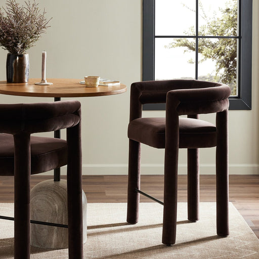 tubular shape fully upholstered coco velvet round shape counter stool shopkoehndesign calgary furniture shop amy koehn calgary designer
