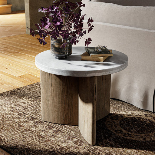 mixed material  rustic grey oak  calgary designer  interior design  koehndesign  yyclifestyle  yycliving  marble tabletop  marble  marble and wood  white marble  modern  calgary furniture  furniture  calgary  amy kohen  accent table  angled corners  calgary furniture shop  canada  clean lines  drink table  Luxury Furniture  minimalist design  modern accent table  natural living  polished white marble  round  round edge  shopkoehndesign