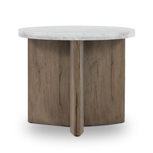 mixed material  rustic grey oak  calgary designer  interior design  koehndesign  yyclifestyle  yycliving  marble tabletop  marble  marble and wood  white marble  modern  calgary furniture  furniture  calgary  amy kohen  accent table  angled corners  calgary furniture shop  canada  clean lines  drink table  Luxury Furniture  minimalist design  modern accent table  natural living  polished white marble  round  round edge  shopkoehndesign