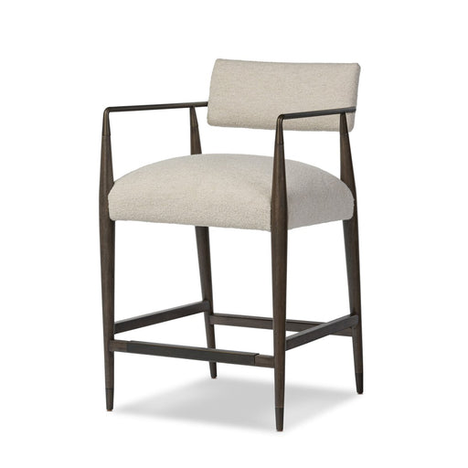 slim angular frame bronze metal rubberwood mix with linen blend performance fabric counter stool shopkoehndesign calary furniture shop amy koehn calgary designer