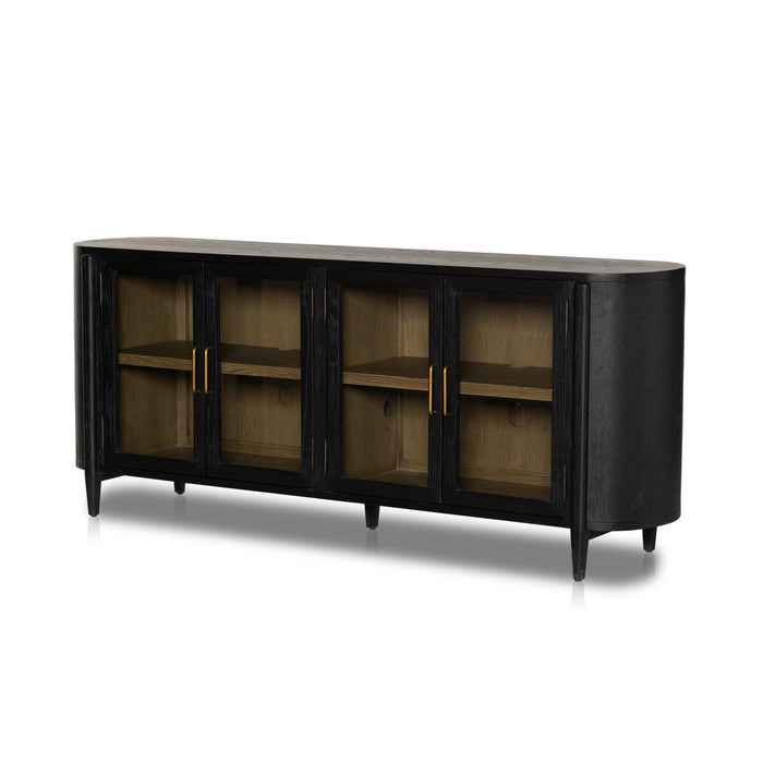 matte black sideboaard with wooden shelving, glass doors and gold hardware tv stand, ssideboard, console table living room tv room shopkoehndesign calgary furniture shop amy koehn koehndesign consulting calgary  