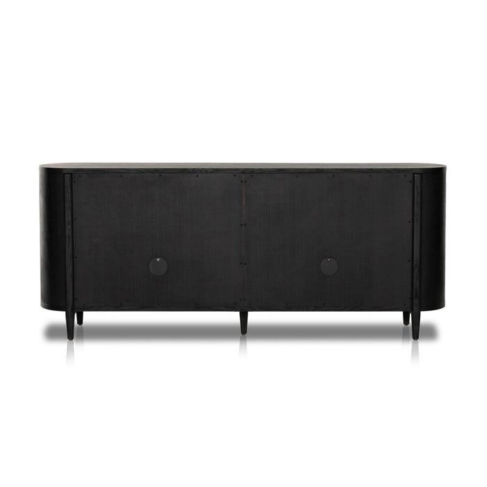 matte black sideboaard with wooden shelving, glass doors and gold hardware tv stand, ssideboard, console table living room tv room shopkoehndesign calgary furniture shop amy koehn koehndesign consulting calgary  