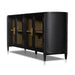 matte black sideboaard with wooden shelving, glass doors and gold hardware tv stand, ssideboard, console table living room tv room shopkoehndesign calgary furniture shop amy koehn koehndesign consulting calgary  