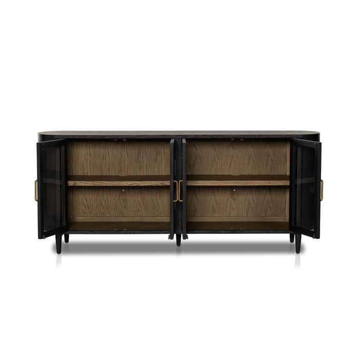 matte black sideboaard with wooden shelving, glass doors and gold hardware tv stand, ssideboard, console table living room tv room shopkoehndesign calgary furniture shop amy koehn koehndesign consulting calgary  