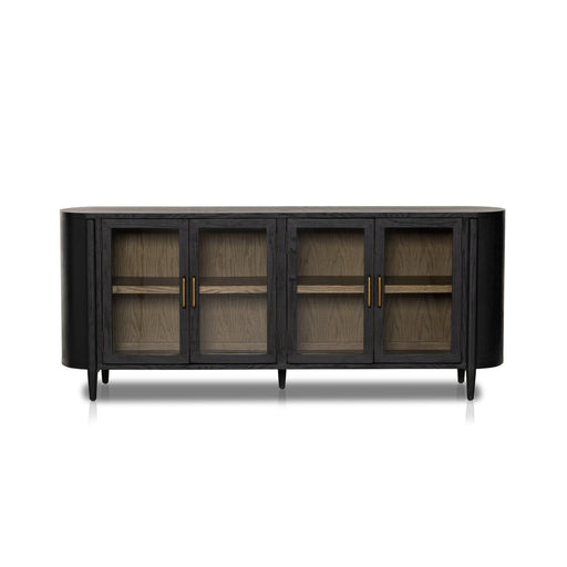 matte black sideboaard with wooden shelving, glass doors and gold hardware tv stand, ssideboard, console table living room tv room shopkoehndesign calgary furniture shop amy koehn koehndesign consulting calgary